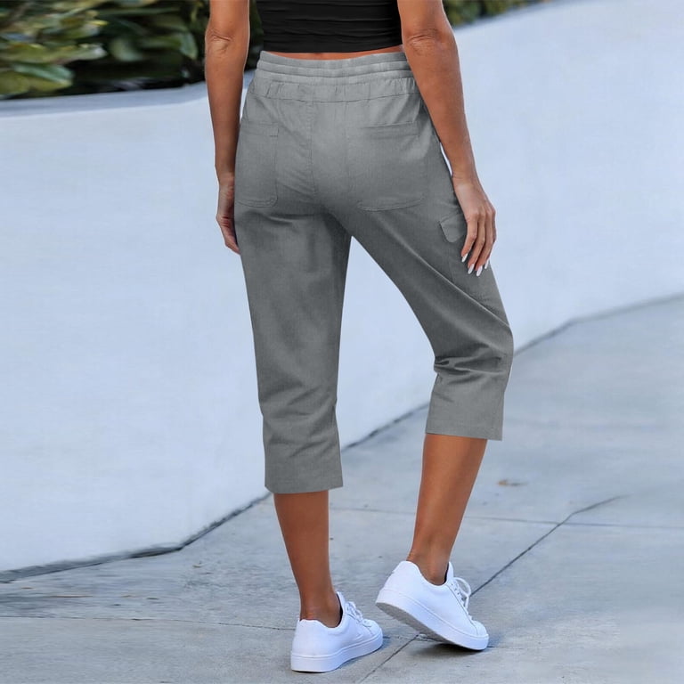 grey capri dress pants Jggspwm Capri Pants for Women Cargo Elastic Waist Pull On Drawstring Solid Color Summer Casual Capris Cotton Cropped Pants Gray L, Women's, Size: