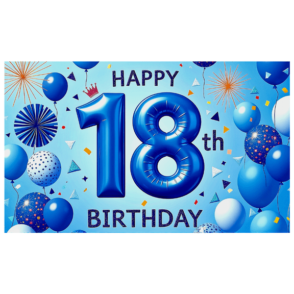 Blue Themed 18th Birthday Backdrop Banner with Balloon Sparkler and Confetti Elements Birthday Party Decorations Photography Props Happy Birthday Party Supplies