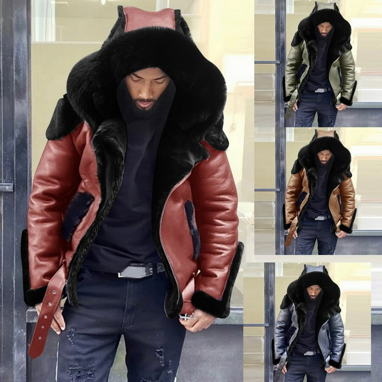 2022 Mens Jackets and Coats Retro Style Leather Jacket Men Leather  Motorcycle Jacket Fur Lined Warm Coat Winter Velvet Overcoat