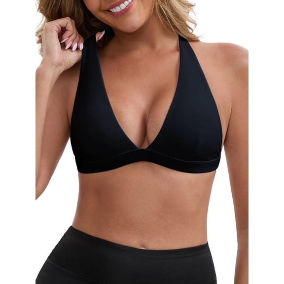 INSPIRE CHIC Women's Halter Neck Plunge Wirefree Sports Bras Backless Cozy Breathable Workout Fitness Bralette S Black