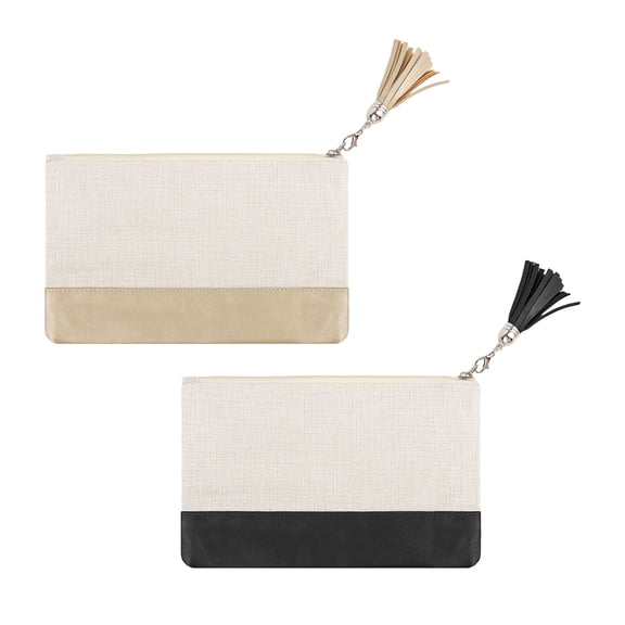 Muka 2 Pack Cosmetic Bag with Tasseled Zipper Pull, Color Accent Linen Makeup Bag with PU Leather
