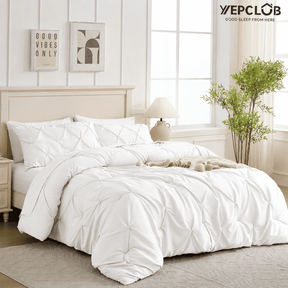 YEPCLUB White Twin Size Pintuck 5-Piece Comforter Set, Pinch Pleat Bed in a Bag, All Season Down Alternative Bedding Set with Comforter, Sheets, Pillowcase & Sham