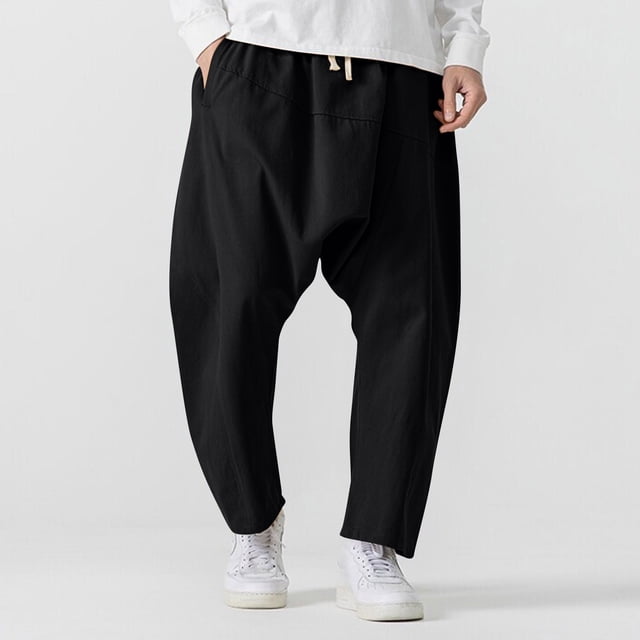 Yusimy Men's Casual Drop-Crotch Pants Elastic Waist with Drawstring Solid Color Loose-Fit Streetwear Style Functional Trousers with Pockets