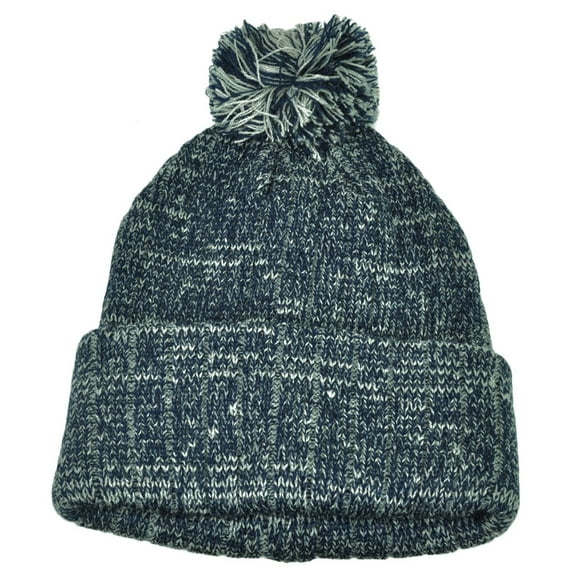 Heather Navy Blue Blank Solid Plain Cuffed Knit Beanie Toque Pom Pom Winter Hat