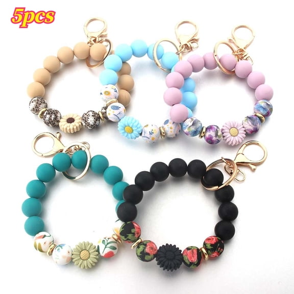 5Pcs Silicone Keychain Bracelet for Women, Spring Daisy Wristlet Keychain with Wooden Bead and Tassel, Cute Key Ring Holder for Car Keys, Easter Gift for Women, Purse Bag Decoration