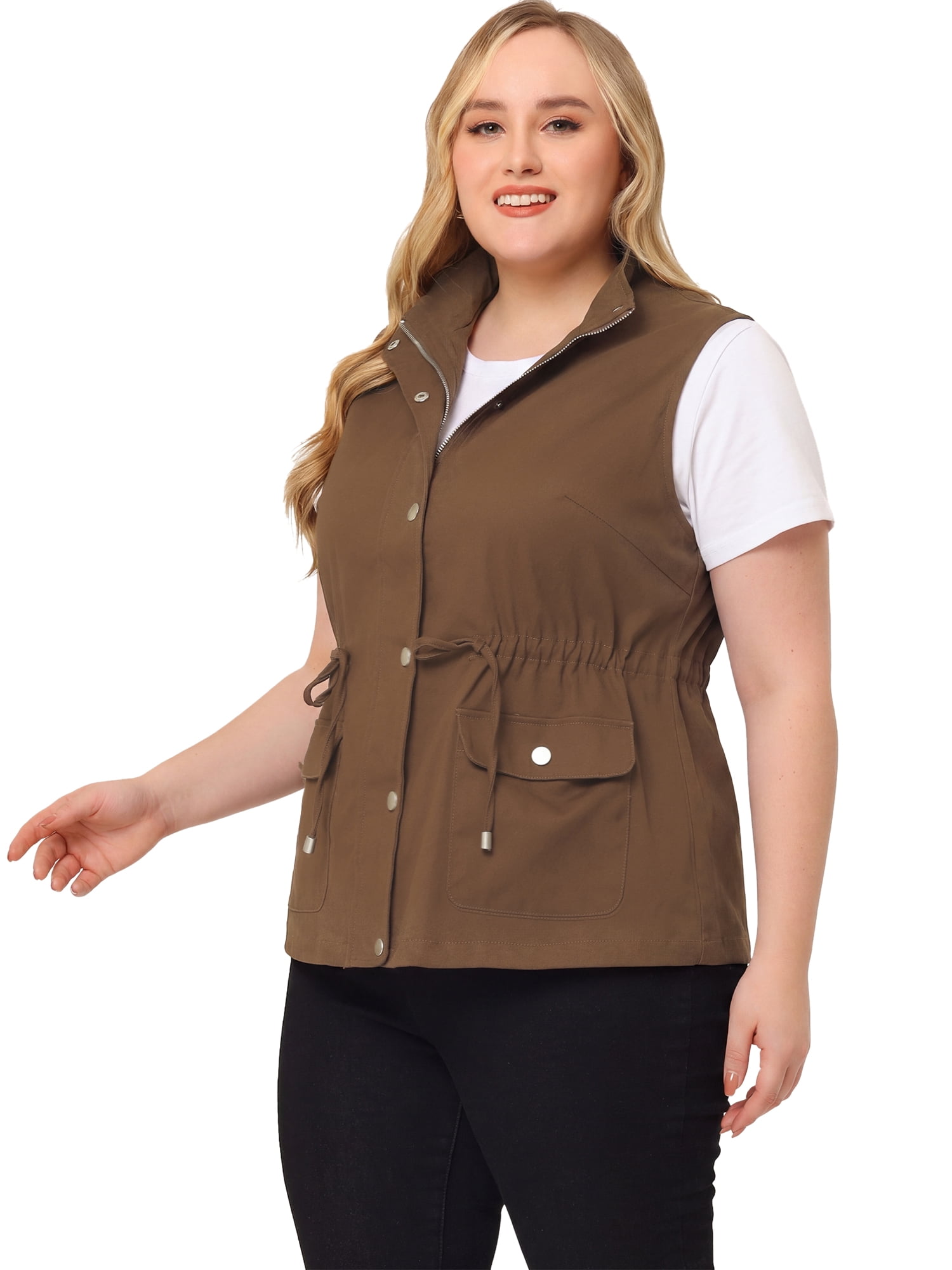 DARING DIVA Women's Plus Size Lightweight Sleeveless Anorak Cargo Vest 2X Brown