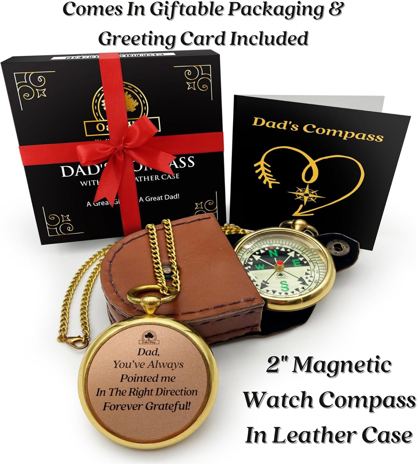 OakiWay Pocket Watch Compass with Chain & Leather Case - Birthday Gifts for Dad from Daughter & Son, Christmas Daddy Gift Ideas