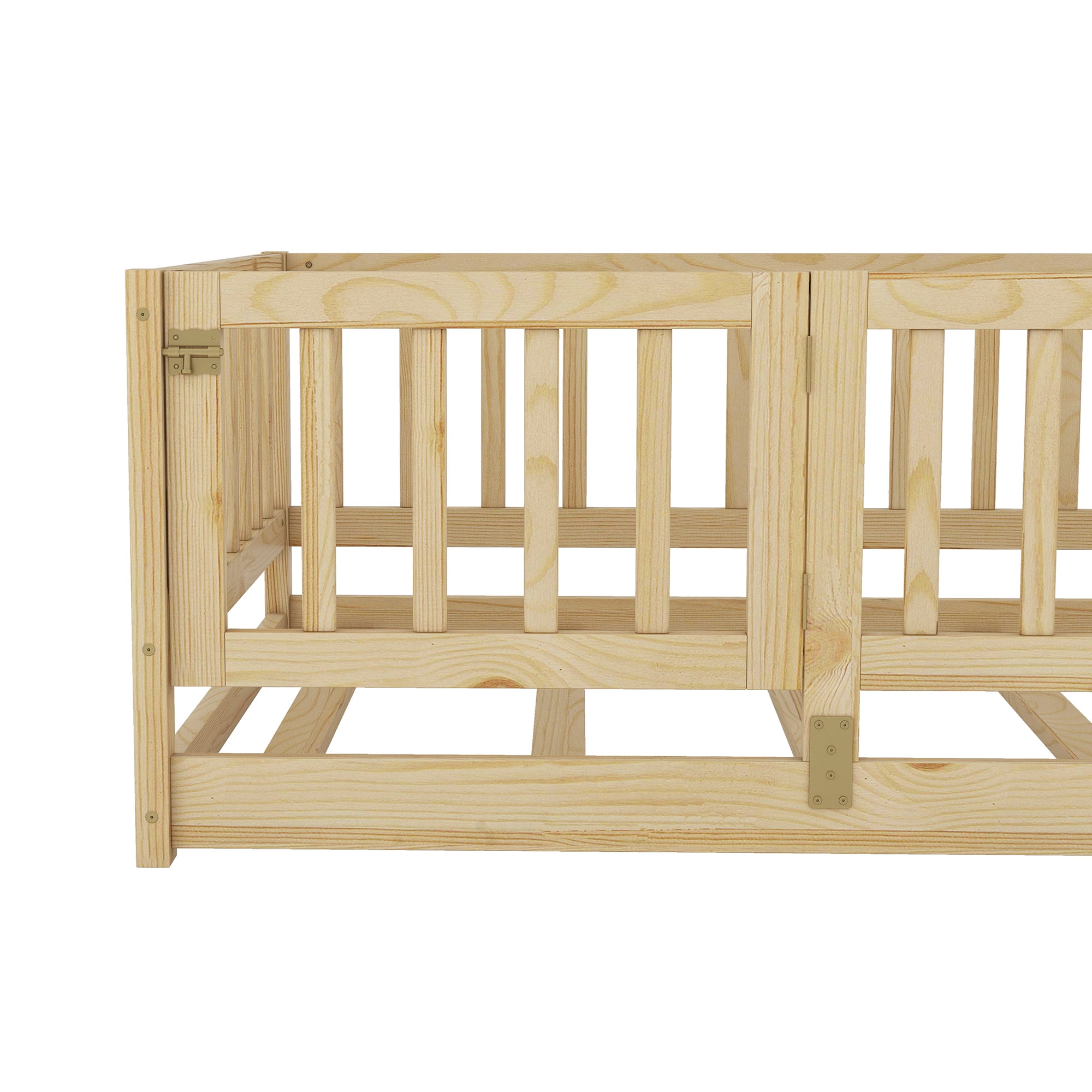 Twin Size Floor Bed with Slats, Montessori Style with Fence & Door, Solid Wood Construction, Oak