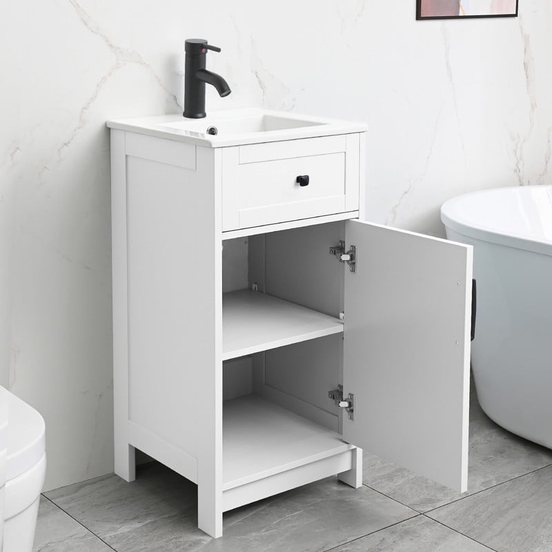 Wonline 16 inch Bathroom Vanity with White Ceramic Sink Combo for Small Space,Modern Bathroom Storage Vanity with Soft-Close Doors Adjustable Shelf(White)