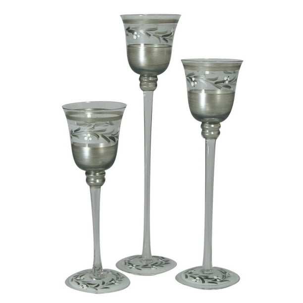 Set of 3 Pewter Vine Hand Painted Stemmed Votive Candle Holders 12