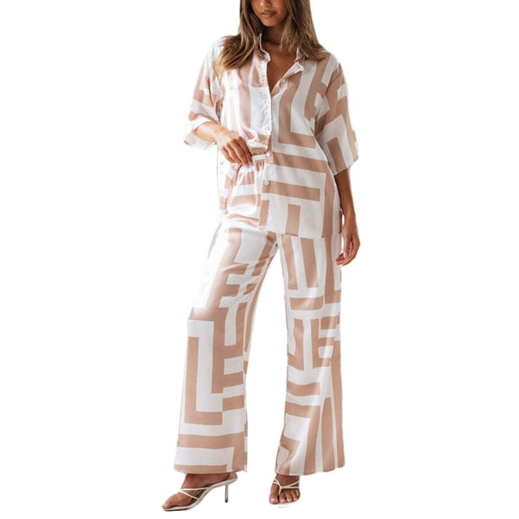 Michellecmm Women Summer Pants Outfits Geometric Pattern Shirts Wide-Leg Pants