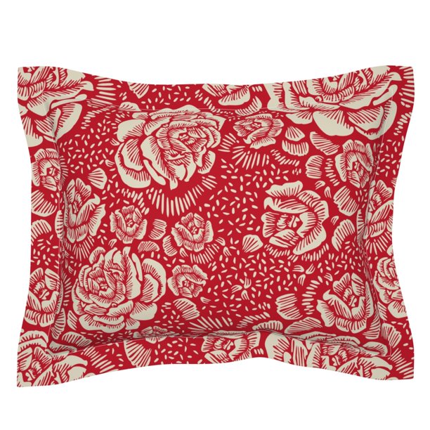 Rose Festive Floral Flowers Red Christmas Cream Vintage Pillow Sham by