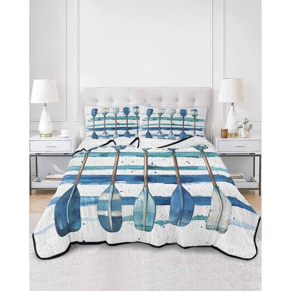 Quilts Full Size, Lake Paddles Soft Comforter Bedding Set for Bed, Summer Watercolor Teal Blue Striped Lightweight Quilted Bedspread with Pillow Cover(2 Pieces) for All Season, 78x90 Inch