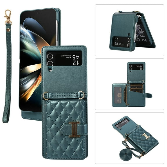 Decase for Samsung Z Flip 5 Leather Wallet Case, Detachable Crossbody Strap & Wallet Cover with Card Slots, 360° Ring Kickstand Anti-Scratch Drop Proof Protective Cover For Samsung Z Flip 5,Darkgreen