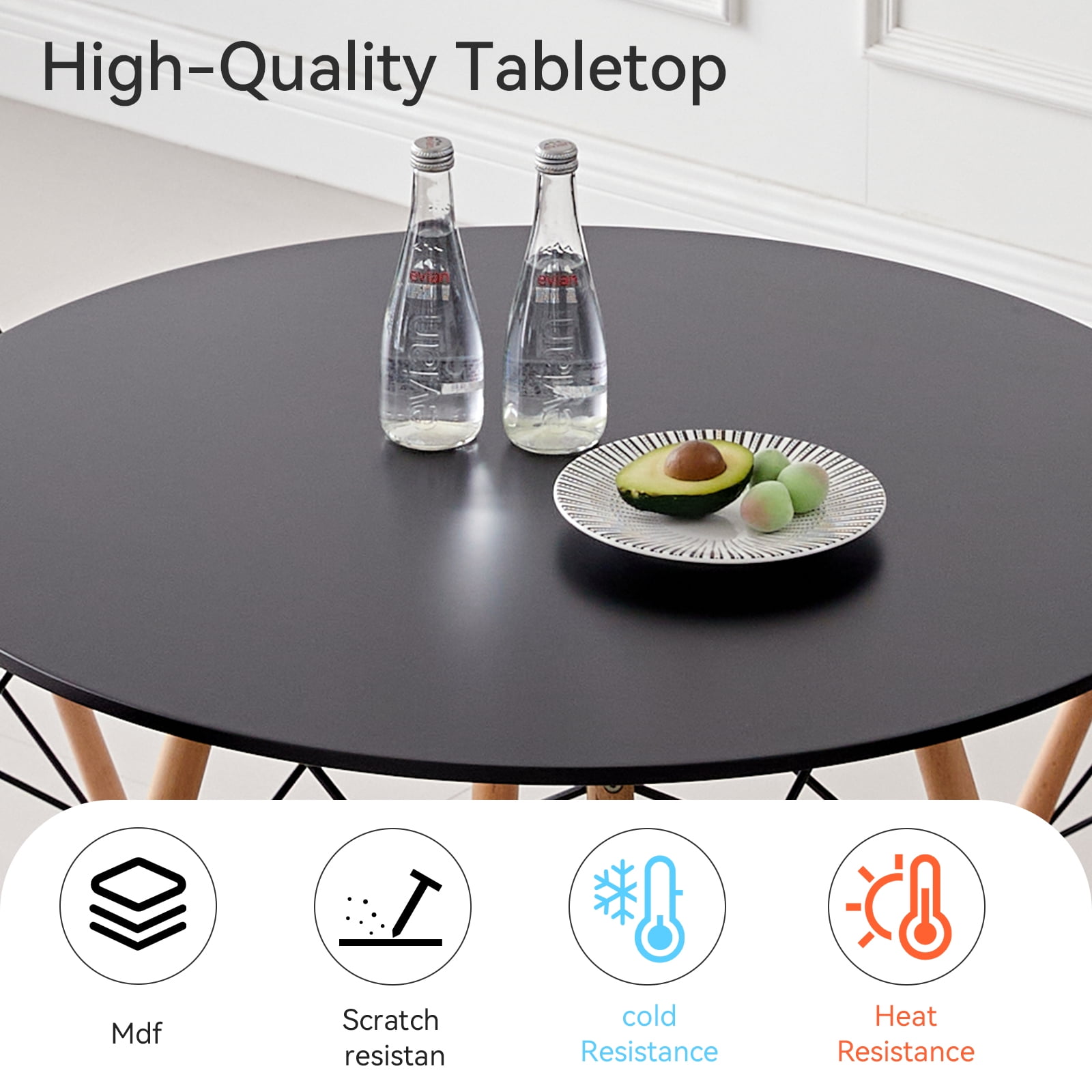 5 Piece 35.5'' Round Dining Table Set for 4, Kitchen Table & Chairs Set of 4, Mid-Century Modern Table W/ 4 Chairs for Home, Living Room, Apartment, Wood Legs, Metal Frame, Black