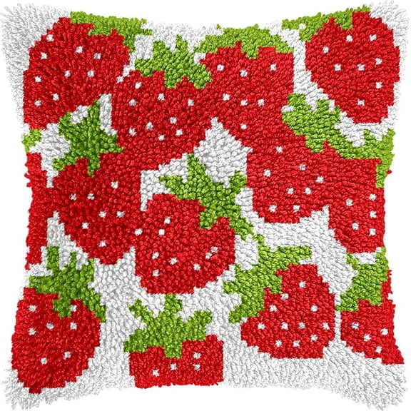 Latch Hook Pillow Kits Pillow Cover Pattern Strawberry Printed Canvas Knitted Hooking Pillowcase Cushion Crafts Embroidery Crochet Home Decor Kits 17x17 inch(c118)