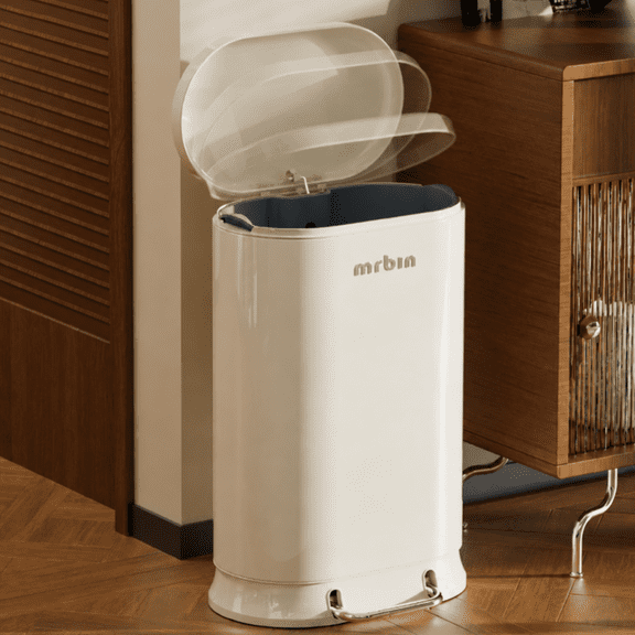 MRBIN Metal Kitchen Trash Can with Lid, 30L / 7.9gal Commercial Step Waste Basket for Bathroom, Medium Office Garbage Pail with Stainless Steel Foot Pedal for Near Desk, Bedroom, Rv, White