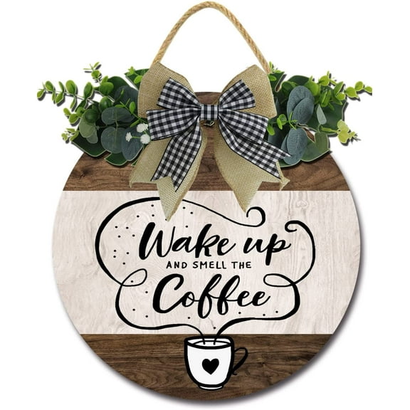 Eveokoki 12" Wake Up and Smell The Coffee Coffee Bar Sign Rustic Farmhouse Wall Decor，Wooden Round Retro Coffee Bar Decor Coffee Lover Coffee Station Decor Home Office Kitchen