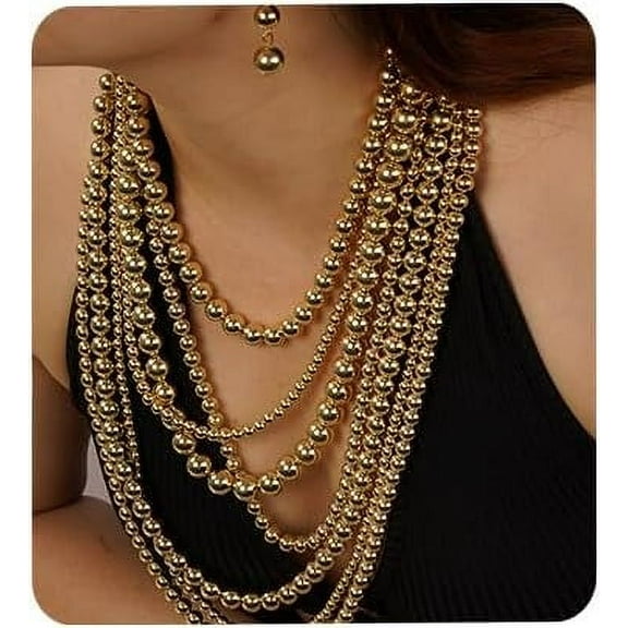 Multi-Layered Simulated Faux Pearl Strand Necklace and Earrings Set Gold Long Chunky Stacked Choker for Women