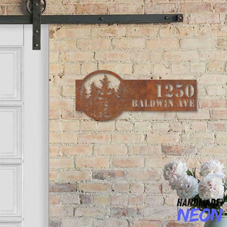 Handmadetneonsign Pine Tree House Number Metal Rusty, Forest Home Number Rusty, House Address Wall Decor 043968