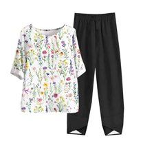 LYXSSBYX Two Piece Sets for Women Summer Women's Casual Round Neck 5/4 Sleeve Top and Pants Digital Printing Two-piece Set