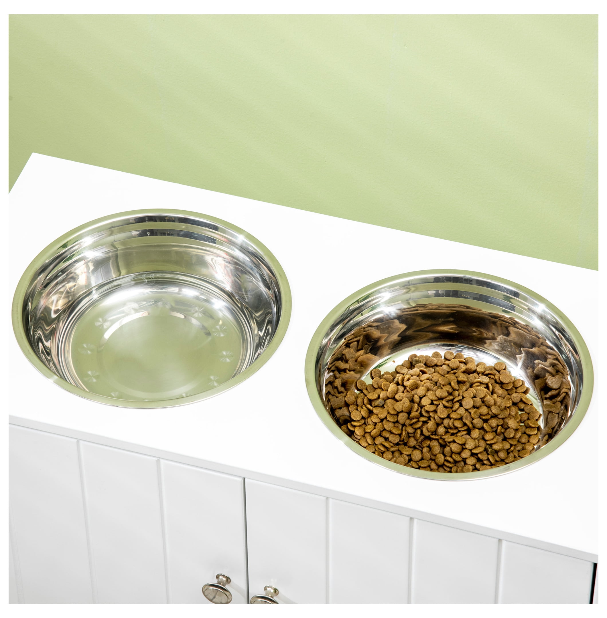 Large Elevated Dog Bowls with Storage, Raised Dog Feeder Stand, 44L Cabinet, Stainless Steel Bowls, White Pet Feeding Station
