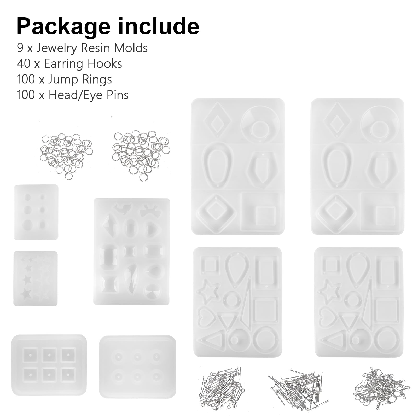 30pcs Head Pins JuanYa 6 Pack Resin Earrings Moulds 20pcs Jump Rings Epoxy Bohemian Drop Dangle Molds for Casting DIY,Include 20pcs Earring Hooks