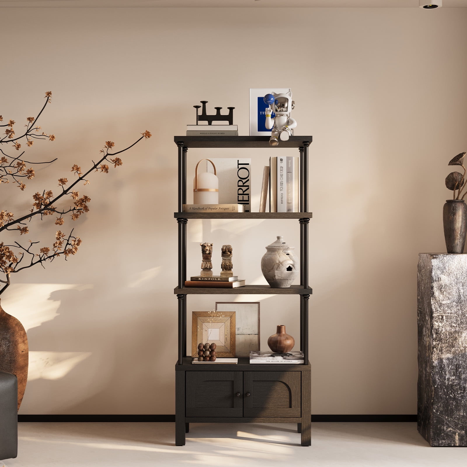 Furnibear Bookshelf with 2 Doors 55 Inches Tall 4 Tier Storage Shelf with Cabinet,Modern Open Bookcase for Living Room or Home Office,Black