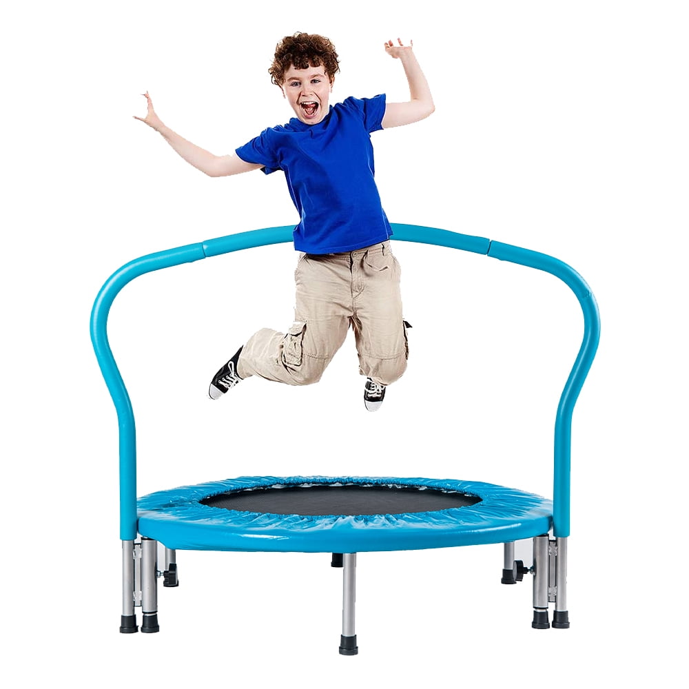 36" Kids Indoor Trampoline, Small Toddler Trampoline for Boys Girls, Kids Trampoline Little Trampoline with Handrail and Safety Padded Cover, Mini Foldable Rebounder Fitness Trampoline, Blue, Q11446