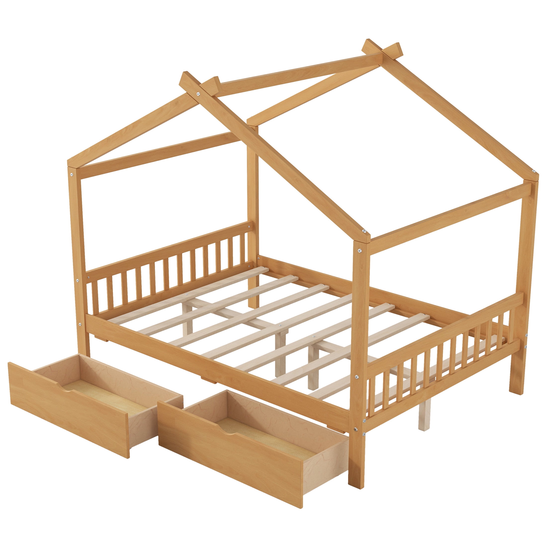 Noble House Clavell Full Size House Bed with 2 Storage Drawers, Headboard and Footboard, Playful Roof Design, Natural
