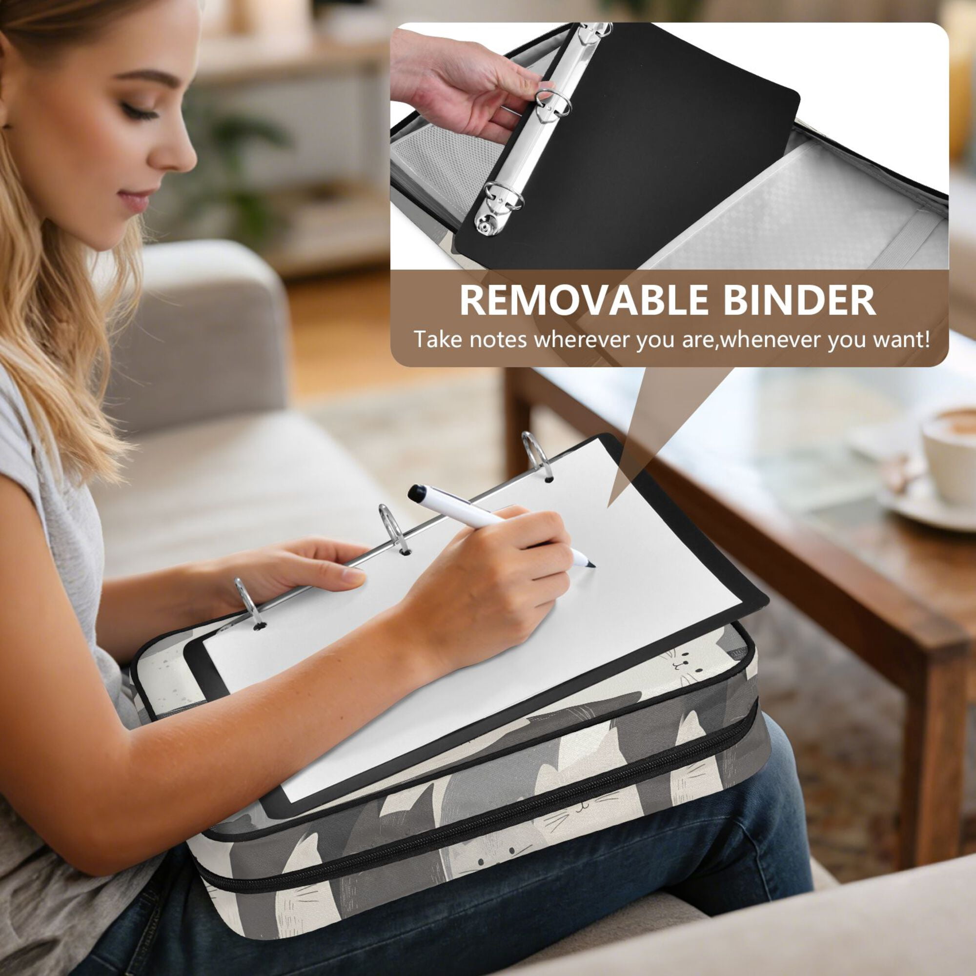 FORMRS Accordion File Folder A4 Size 7-Pocket Expanding Document Organizer Bag with 3 Ring Binder, Gray Cute Cats