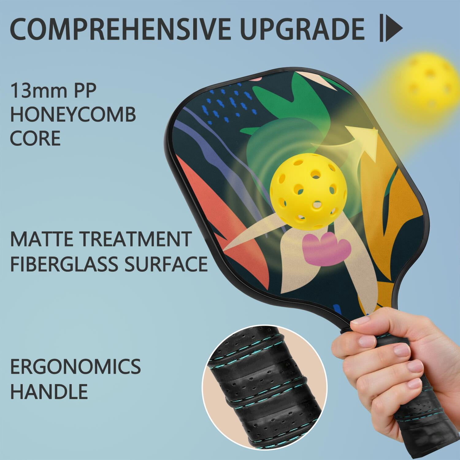 Pickleball Paddles Set Of 2, Fiberglass Surface, Tropical Jungle Print, 4 Balls & Bag