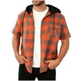 thumbnail image 5 of Men's Button Down Hoodie Short Sleeve Plaid Shirt Shackets Chest Pocket Drawstring Colorblock Hooded Tops (2XL, Orange), 5 of 5