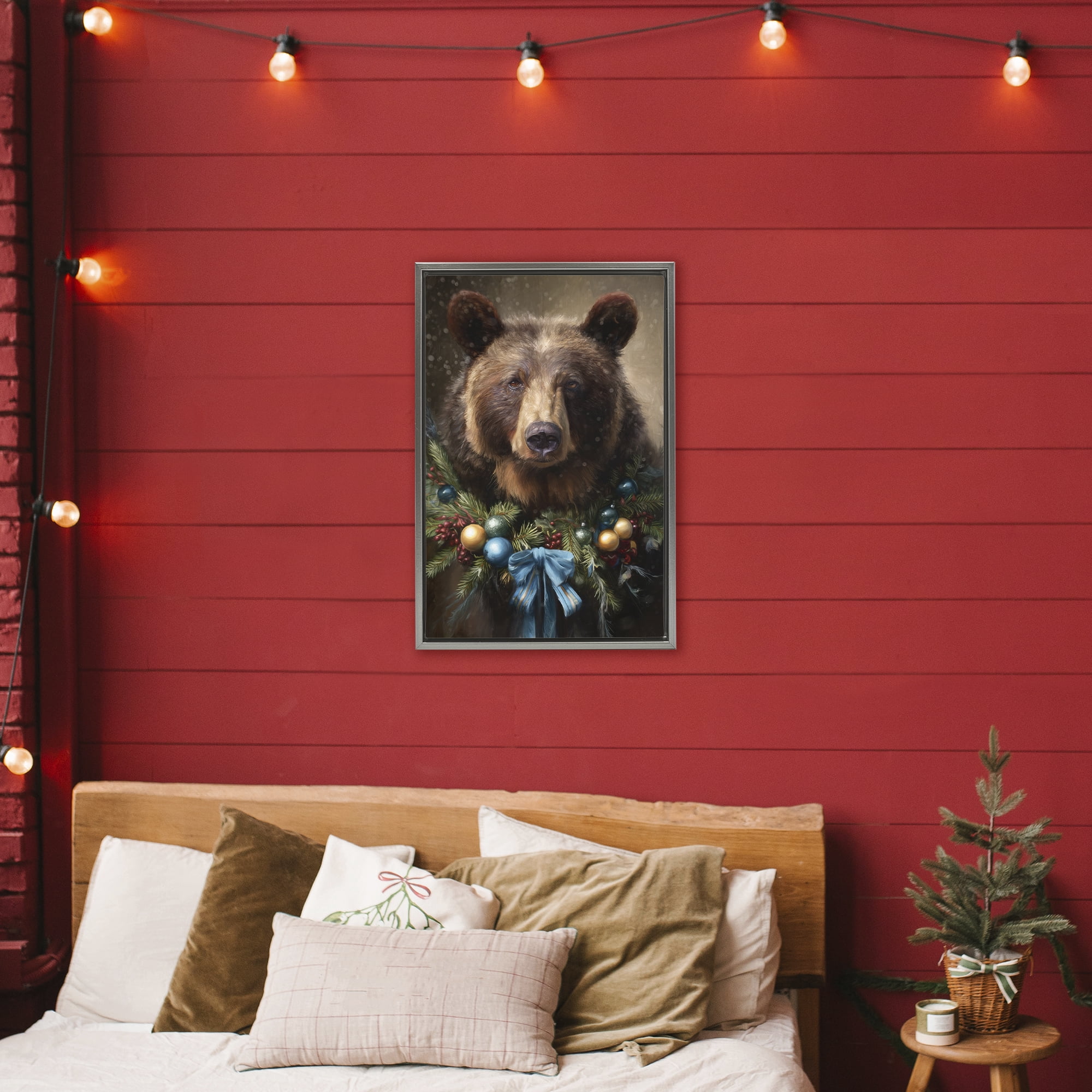 Stupell Industries Christmas Grizzly with Wreath Gray Framed Floater Canvas Wall Art, design by Tina LeCour
