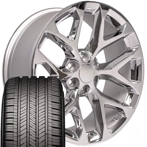 OE Wheels CV98B 22 Inch Rims and Tires Fit Silverado 1500 Snowflake Style 6x139.7 22x9 Chrome - Hollander 5668 - Eagle Touring 285/45-22 (Set of 4)