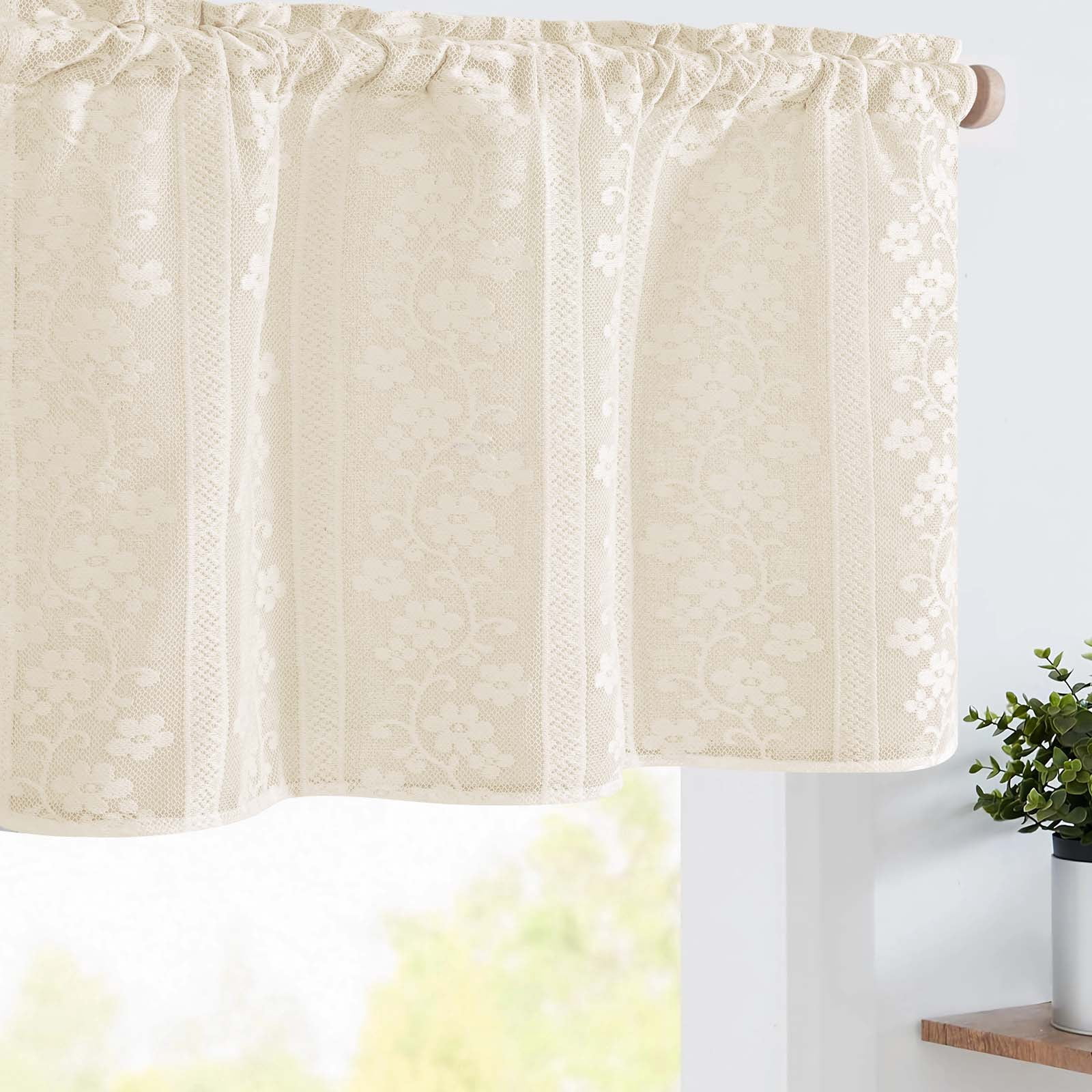 Alishomtll Beige Linen Lace Sheer Double Layer Light Filtering Valance Curtains , Rod Pocket,52 x 18 in