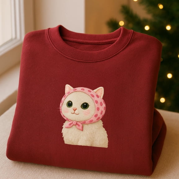 Kitten Embroidered Sweatshirt, Cat Lovers Gift, Cute Cat Shirts, Cat Mom Christmas Gift, Women's Holiday Shirt, Couples Christmas Sweaters