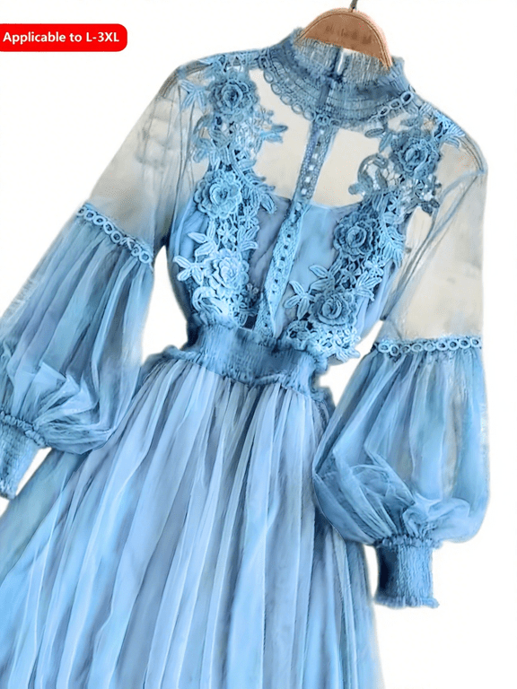 Plus-size women's dress, stylish sporty style, 3D flower appliqus, sheer mesh lantern sleeves, slim long cut. Light luxury design, chiffon and lace, with camisole lining, multiple colors.