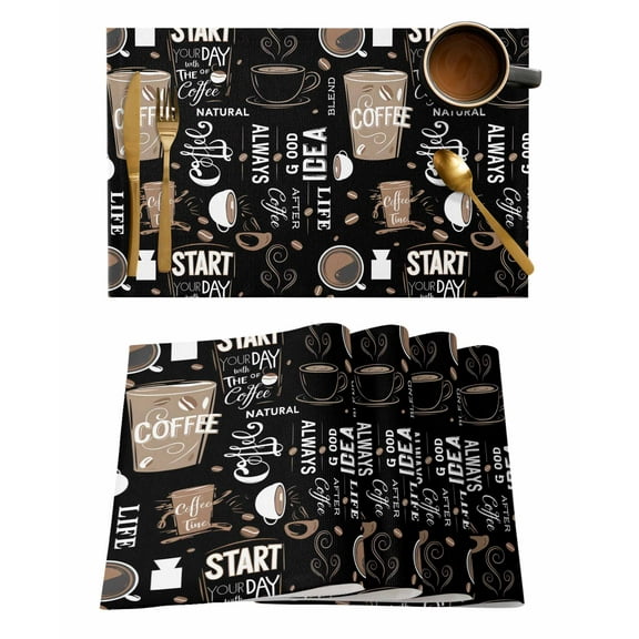 Coffee Cup Placemats Set of 4 Coffee Beans Black Background Heat Insulation Washable Place Mats, Rustic Non-Slip Table Mats for Dining Table Party Kitchen Decor,13x19 Inch