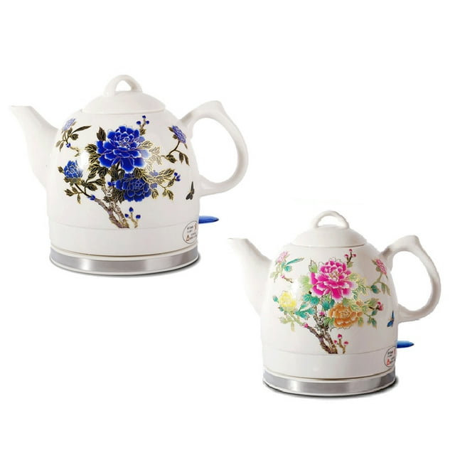 FixtureDisplays® Ceramic Electric Kettle with Peony Flower Pattern Two-tone 15000