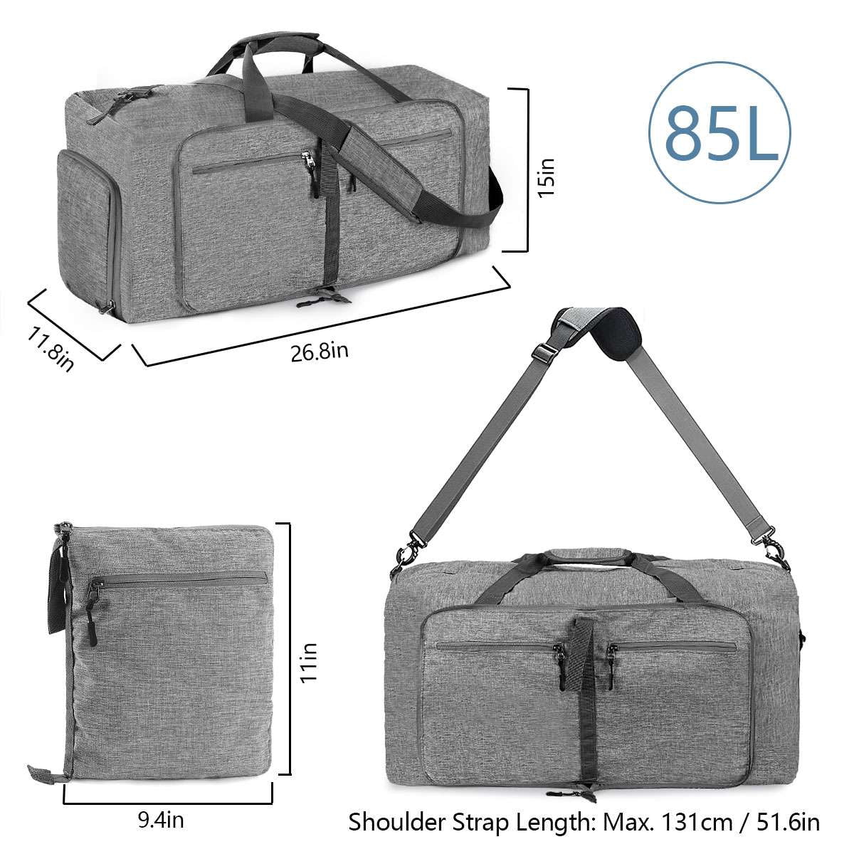 Spencer 85L Travel Duffel Bag for Men, 27" Extra Large Sport Duffle Bag Foldable Weekender Bag with Shoes Compartment, Overnight Carry on Bag Waterproof & Tear Resistant, Gray