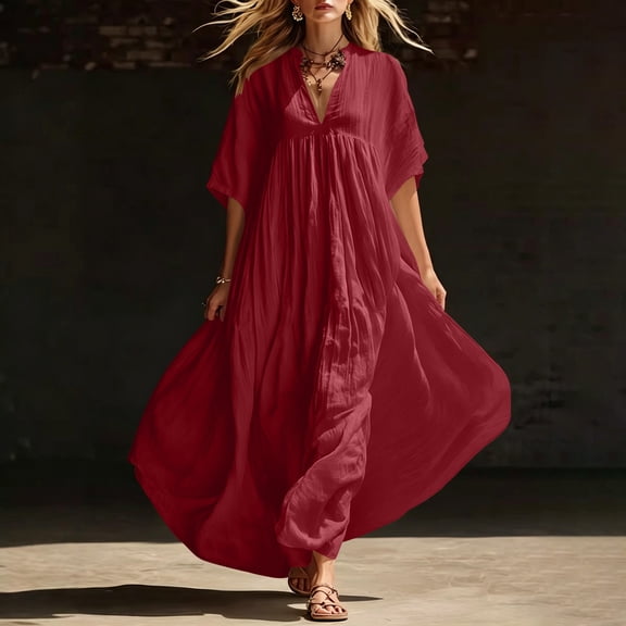QUNYINEY Dresses for Women Summer Red Short Sleeve Long Casual A Line Dress V Neck Loose Fit Flowy Vacation Dresses