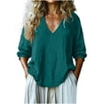 thumbnail image 2 of Yrmaups Loose Fit 3/4 Sleeve T Shirt for Women, Casual V Neck Blouse, Soft Flowy Boho Top for Beach Travel Office Daily Wear, Green L, 2 of 5