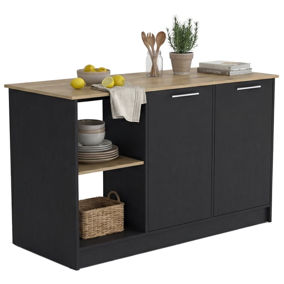 Juniper Kitchen Island with Large Top Surface, Double Door Cabinet, and Open Shelves Black / Macadamia