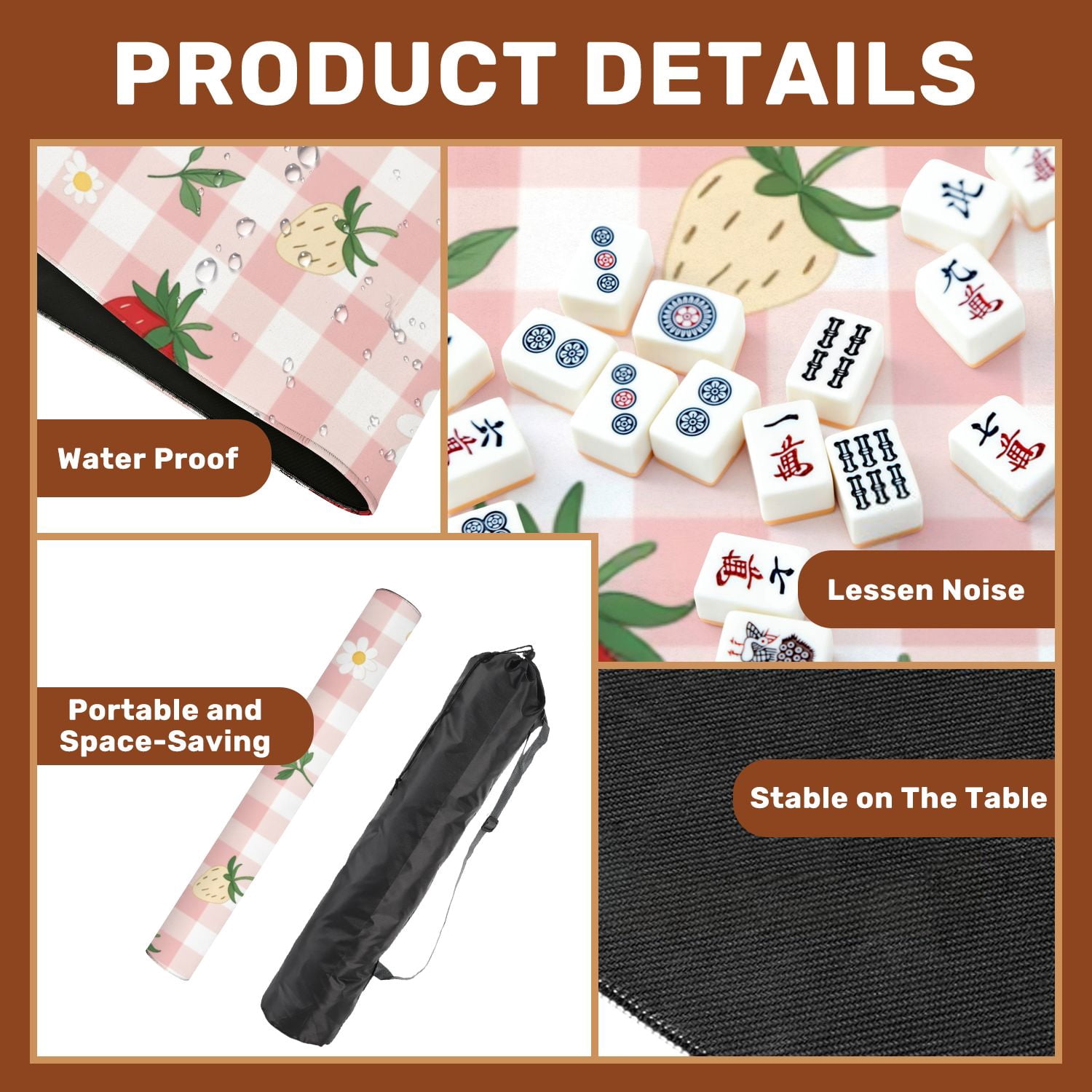 Mahjong Mat 31.5" x 31.5" Strawberry Daisy Pink Gingham Cute Summer Fruit Non-Slip Noise Reduction American Mahjong Tiles Table Cover for Dominoes Poker Card Board Games Gift