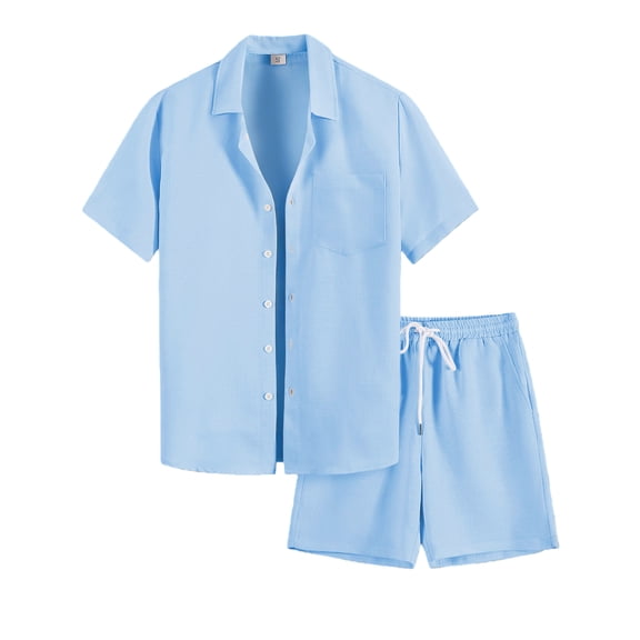 Men's 2 Piece Button Down Short Sleeve Shirt And Drawstring Shorts Set, Linen Textured Casual Summer Outfit With Chest Pocket, Lightweight Beach Wear For Vacation,Sky Blue,XXL