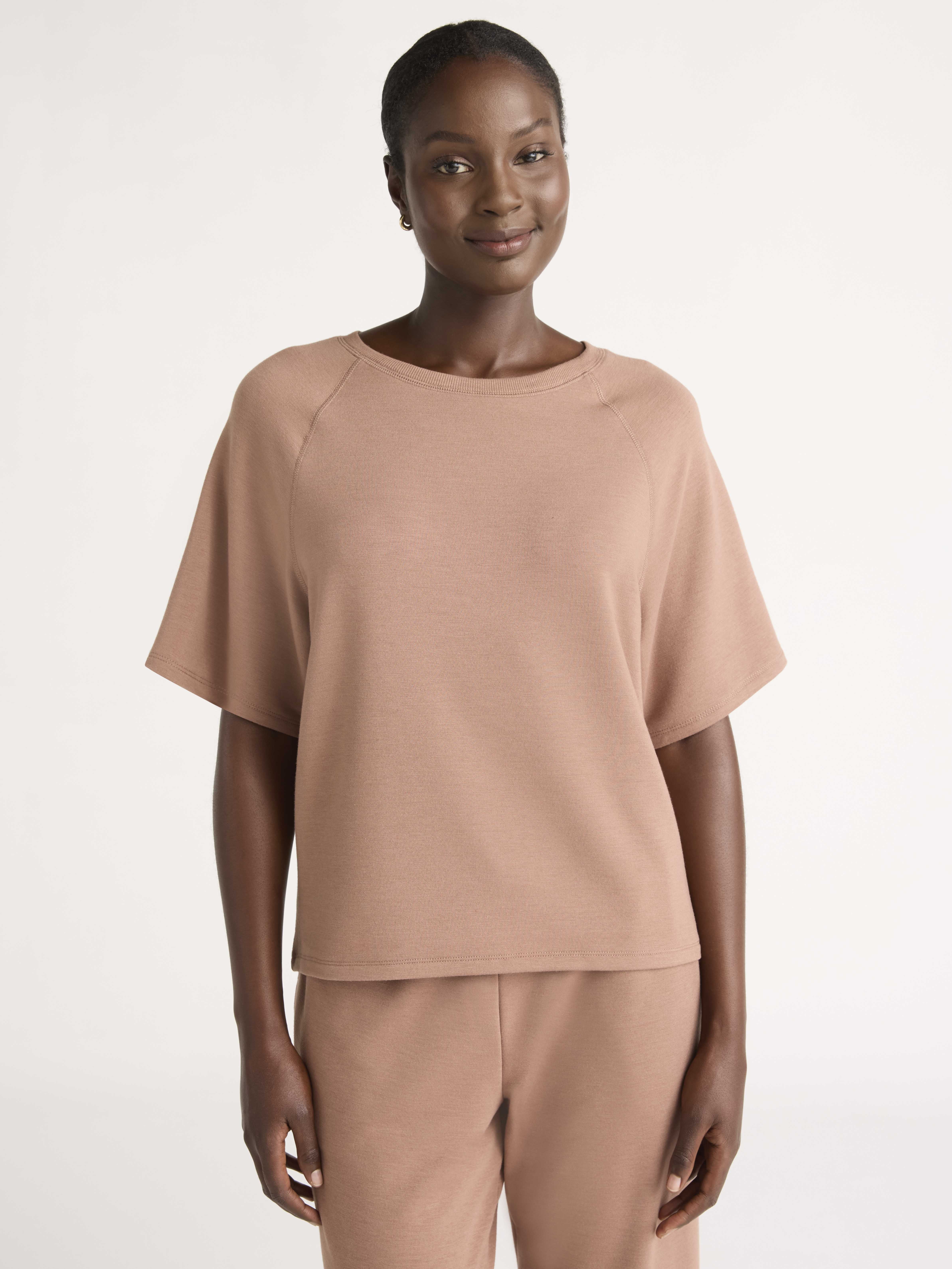 Joyspun Women's French Terry Short Sleeve Top and Shorts Set, 2