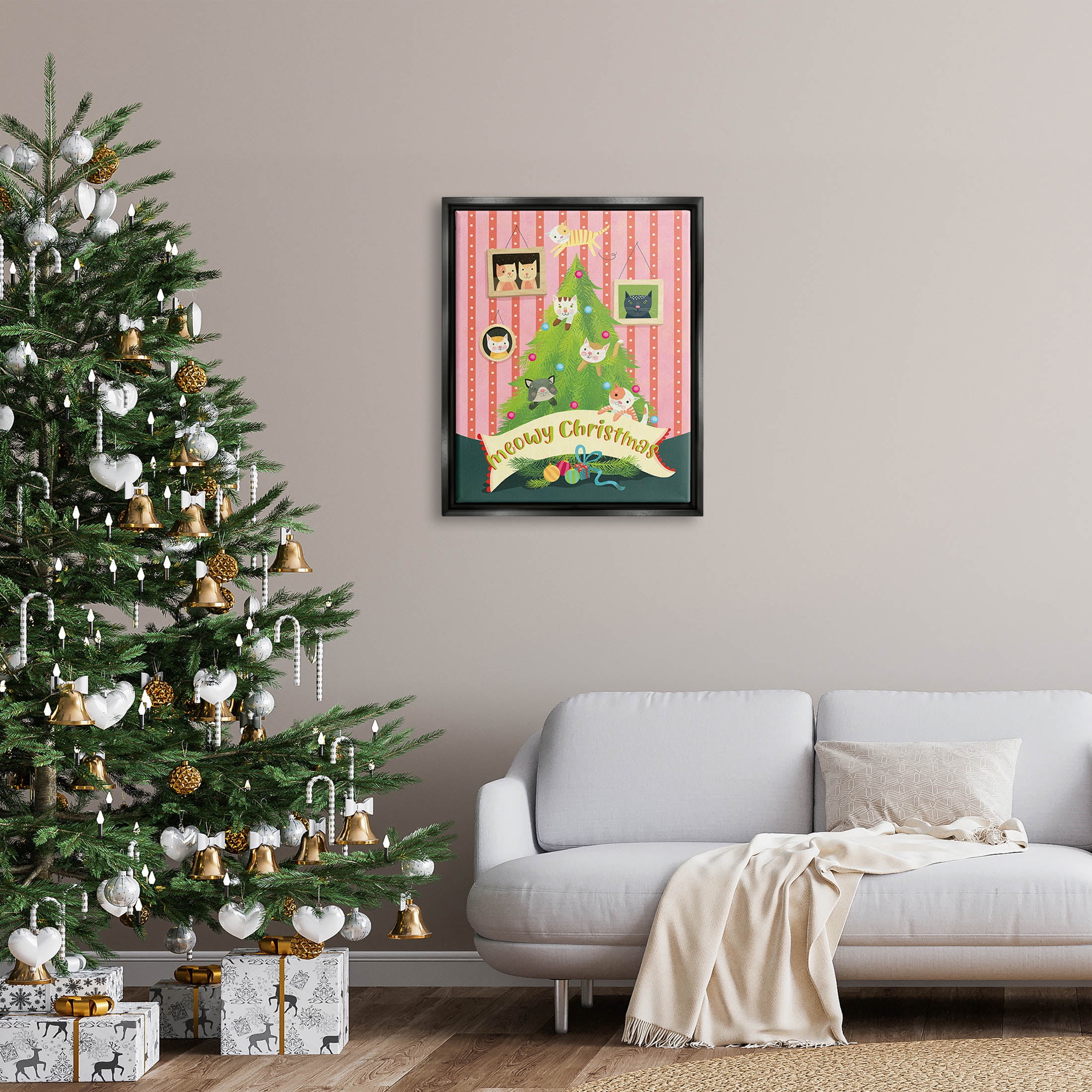 Meowy Christmas Cat Tree Holiday Graphic Art Jet Black Framed Art Print Wall Art