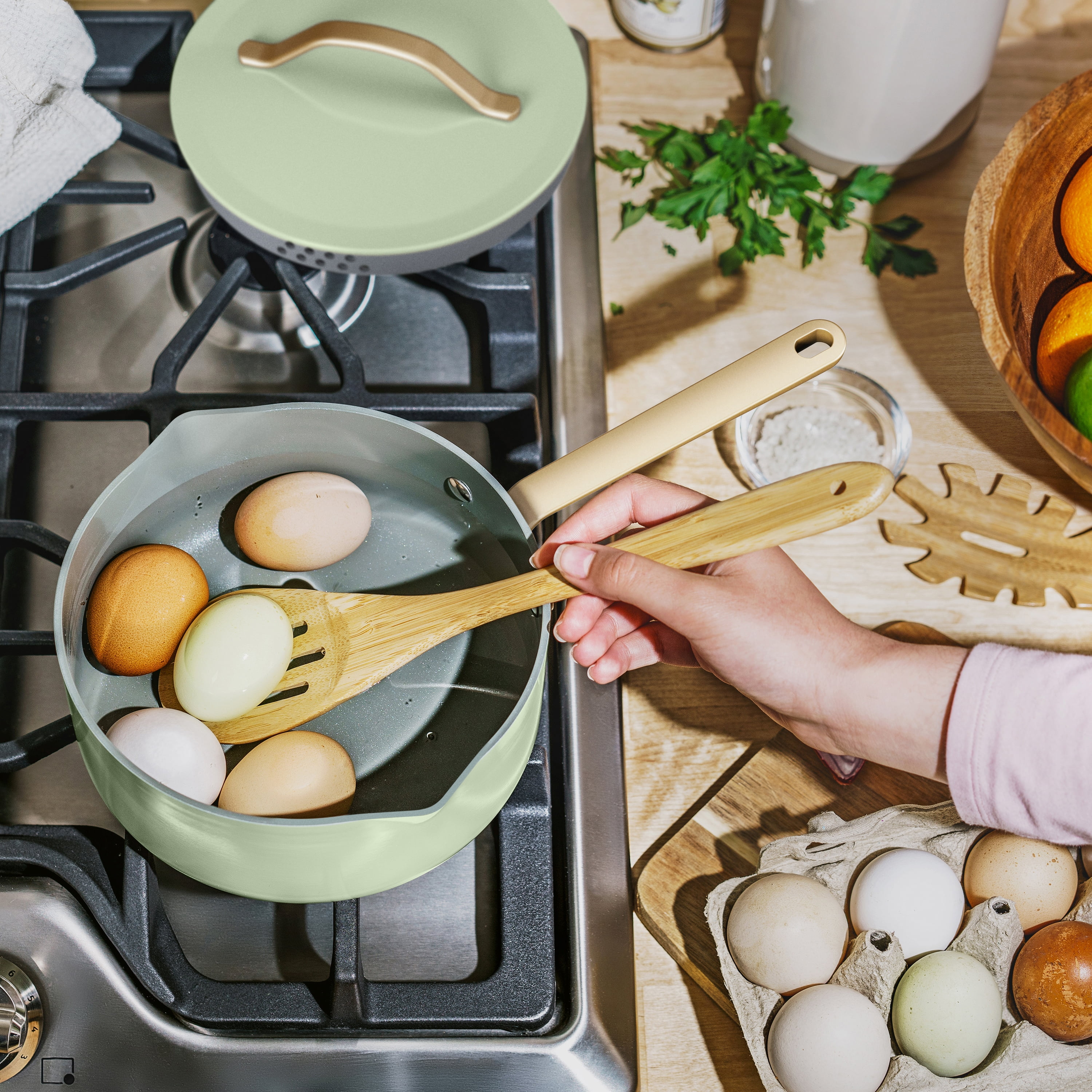 Beautiful 3 Quart Ceramic Non-Stick Covered Sauce Pan with Strainer Lid, Sage Green by Drew Barrymore