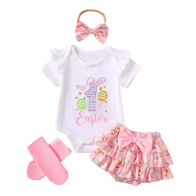 XDZJLR Tenues pour Filles, Barboteuse Brodée de Pâques & Robe Florale avec Chaussettes à Nœud, Ensemble d'Été 4 Pcs
